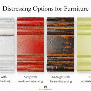 May include: A display of four rectangular furniture finish samples labeled Distressing Options for Furniture. The samples show ivory with light distressing, red Sicily with medium distressing, black Midnight with heavy distressing, and pear with no distressing.
