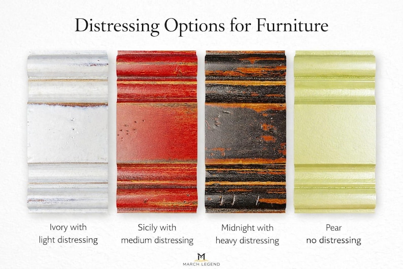 May include: A display of four rectangular furniture finish samples labeled Distressing Options for Furniture. The samples show ivory with light distressing, red Sicily with medium distressing, black Midnight with heavy distressing, and pear with no distressing.