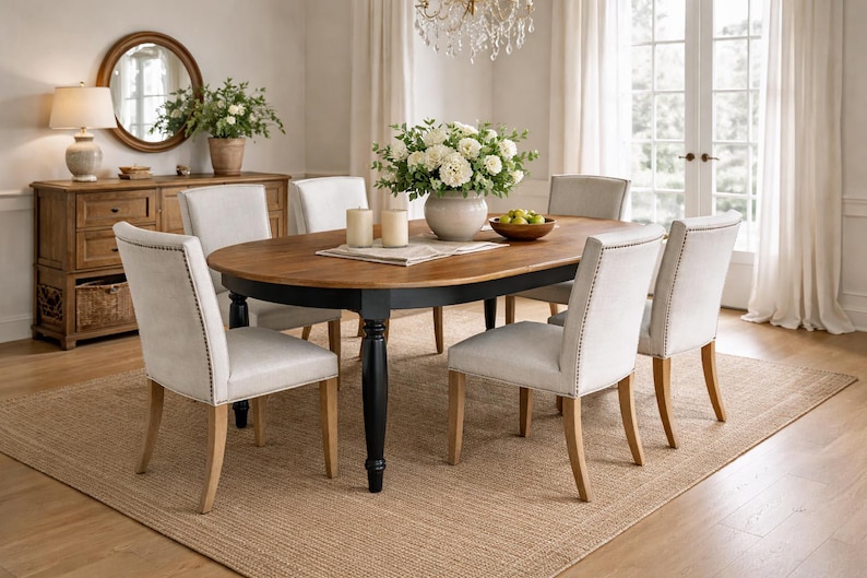 Oval farmhouse dining table shown with simple wooden chairs for scale in a neutral farmhouse dining room setting.