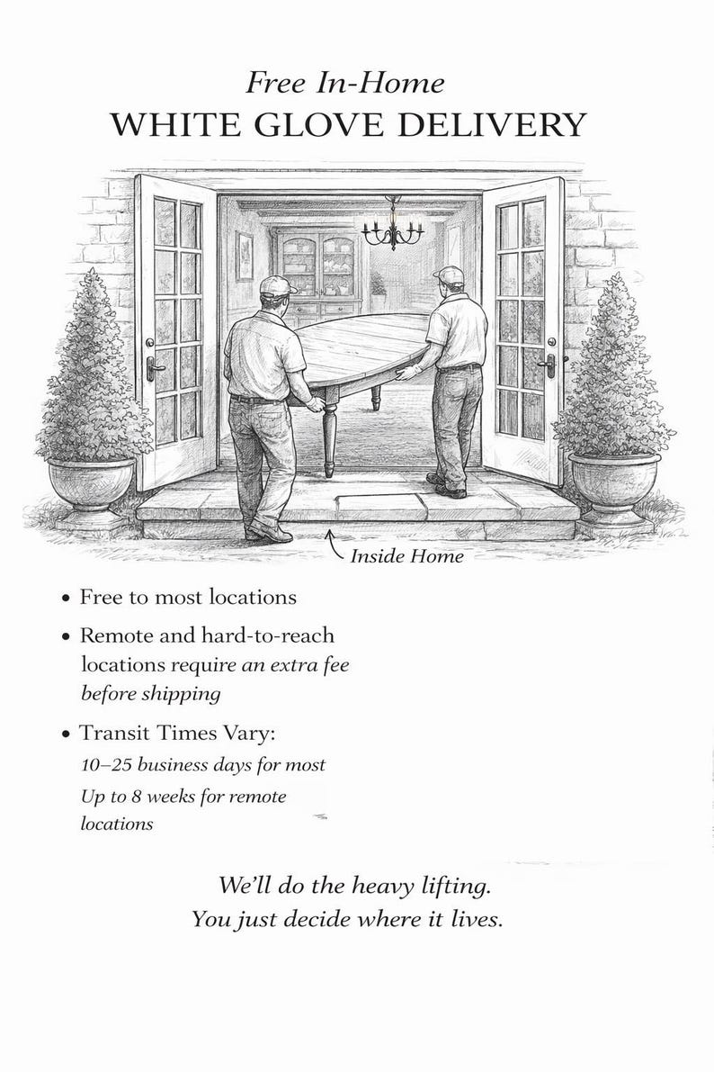 Informational graphic explaining free in-home white glove delivery for handcrafted furniture orders.
