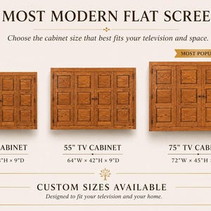 TV cabinet size guide showing 48 inch, 55 inch, and 75 inch television cabinet options with dimensions.