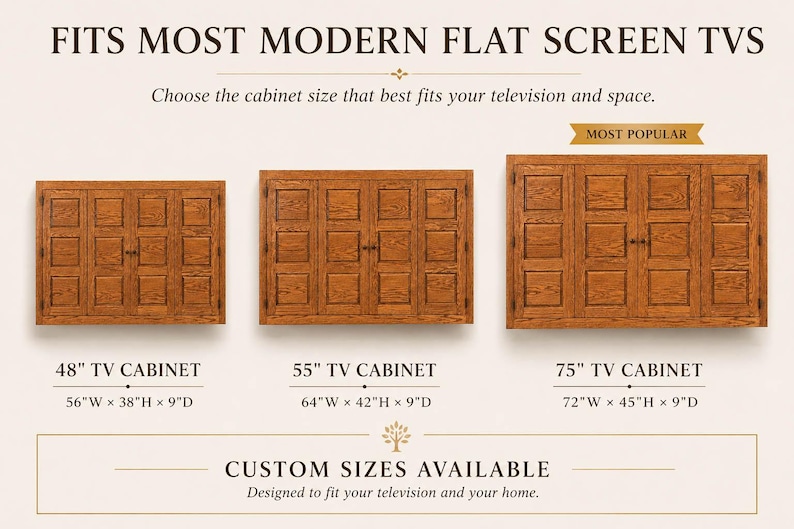 TV cabinet size guide showing 48 inch, 55 inch, and 75 inch television cabinet options with dimensions.