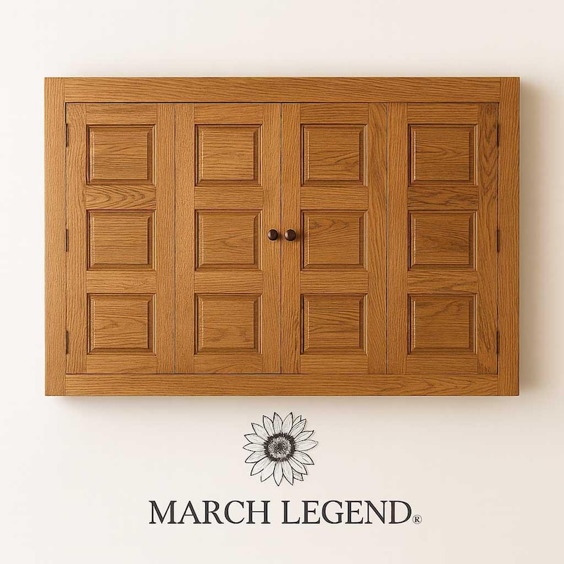 Handcrafted Phoenix TV Wall Cabinet in rustic oak with raised-panel bi-fold doors, displayed on a clean studio wall with the March Legend logo and sunflower emblem beneath.
