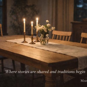 Evening lifestyle image of a handmade farmhouse dining table with candlelight, representing gathering and tradition, by March Legend.