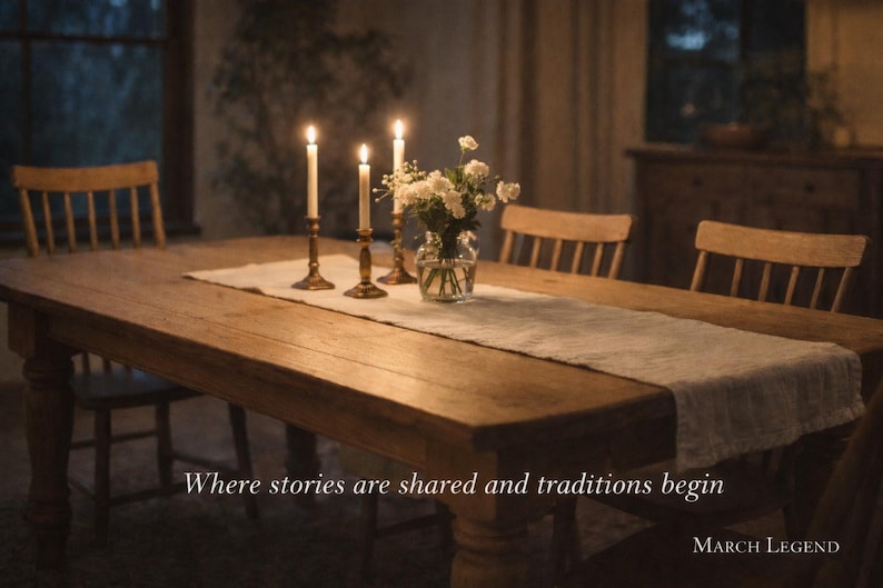 Evening lifestyle image of a handmade farmhouse dining table with candlelight, representing gathering and tradition, by March Legend.