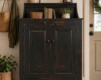 Farmhouse Dry Sink | Distressed Black Cabinet | Cottage Sideboard | Entryway Storage Cabinet | Handmade Furniture