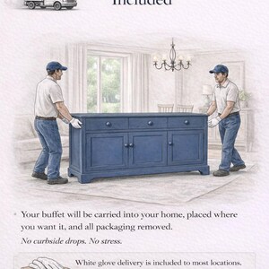 White glove delivery service illustration showing furniture carried into home and packaging removed.