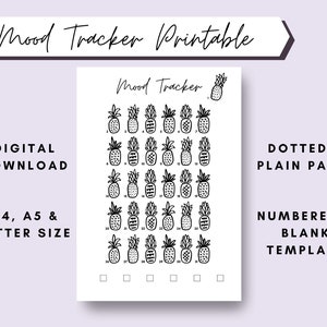 Puede incluir: Un rastreador de humor imprimible con un tema de piña. El rastreador tiene 31 piñas numeradas y una sección para notas. El texto "Mood Tracker" está en la parte superior de la página. El texto "Descarga digital" está en el lado izquierdo de la página. El texto "Papel punteado y liso" está en el lado derecho de la página. El texto "A4, A5 y tamaño carta" está en el lado izquierdo de la página. El texto "Plantilla numerada y en blanco" está en el lado derecho de la página.