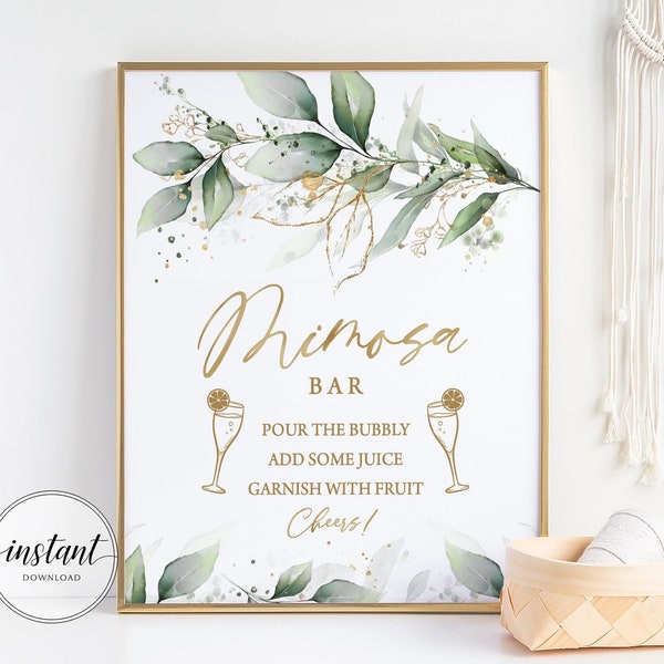 Greenery Floral Mimosa Bar Sign Printable Bridal Shower Mimosa Bar Wedding Brunch Sign Instant Download DIY Shower Party Decorations DIYG1