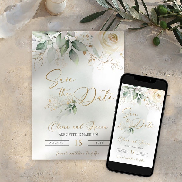 Blush Floral Save The Date Card | Beige Rose, Gold Leaves, Greenery Botanical, Watercolor | Printable Save Our Date Wedding Announcement BWF