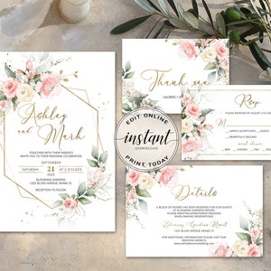 Boho Wedding Invitation Template Printable Wedding Invitation Suite White Floral DIY Editable Wedding Invite Greenery Gold Instant Download