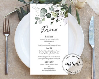 Printable Wedding Menu Card Editable Wedding Menu Template DIY Wedding Dinner Table Decorations Greenery Floral Boho Instant Download DIYNGR