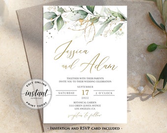 Boho Floral Greenery Wedding Invitation Template Printable Wedding Invitation and RSVP Set Bohemian Wedding Suite Editable Instant Download