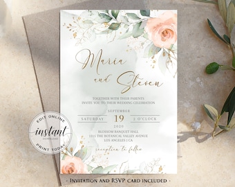 Floral Wedding Invitation Template Boho Wedding Invite Printable DIY Wedding Invitation Blush Pink Watercolor Bohemian Suite Editable Invite