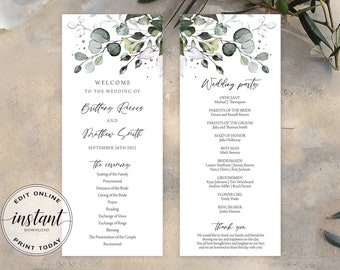 Greenery Wedding Program Template Editable Wedding Program Printable Order of Ceremony DIY Wedding Cards Boho Floral Instant Download DIYNGR