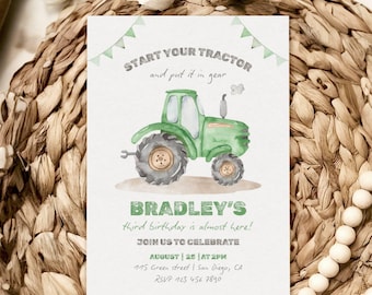 Tractor 3rd Birthday Invitation | Green Tractor, Start Your Tractor, Farm Vehicles | Third Birthday Party Invite, Printable & Smartphone TR1