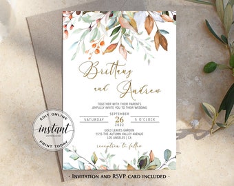 Editable Wedding Invitation Template Rustic Wedding Invite Printable Floral Wedding Invitation and Rsvp Fall Wedding DIY Instant Download