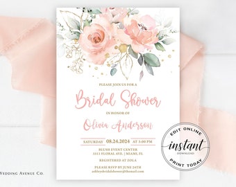 Editable Bridal Shower Invitation Template Printable Boho Wedding Shower Invite Blush Pink Floral DIY Instant Download Party Shower Invite