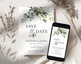 Greenery Save The Date Card | Botanical, Eucalyptus Leaves, Boho Floral, Bohemian | Printable Save Our Date, Wedding Announcement Card GRN
