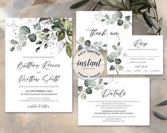 Editable Wedding Invitation Suite Printable Wedding Invitations Greenery Wedding Invite with Rsvp Boho Floral Wedding Set Digital Download