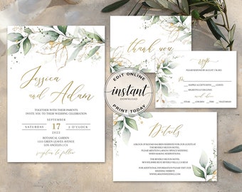 Grüne Hochzeitseinladung druckbare Boho Hochzeitseinladung bearbeitbare Vorlage Gold Boho Floral Hochzeit Suite Sofortiger Download Hochzeitsset