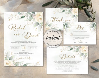 Wedding Invitation Template Printable Wedding Invitation Suite Editable DIY Wedding Bundle Boho Floral Greenery Watercolor Eucalyptus Garden