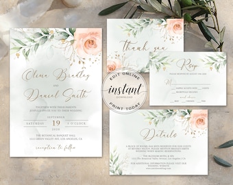 Boho Wedding Invitation Template Printable Wedding Invitation Suite Editable Wedding Invite Blush Floral Watercolor Bohemian DIY Wedding Set