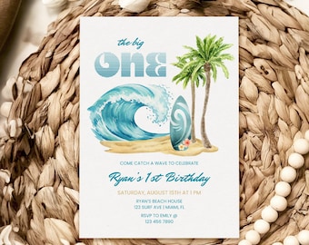 The Big ONE Birthday Invitation | Surf Wave, Surfboard, Beach, Summer | Boys 1st Birthday Party Invite, Editable, Printable & Smartphone TBO