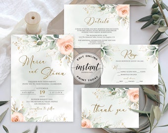 Blush Floral Wedding Invitation Printable Wedding Invite Editable Wedding Invitation Set Watercolor Bohemian Suite DIY Invitation Template