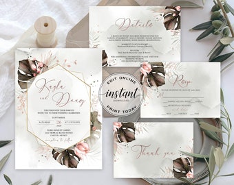 Editable Wedding Invitation Template Country Rustic Wedding Invite Printable Wedding Invitation Suite Rose Gold Calligraphy Pink Floral DIY