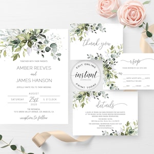 Greenery Wedding Invitation Template Printable Wedding Invitation Suite Editable Wedding Invitation Set Floral Watercolor Boho Eucalyptus