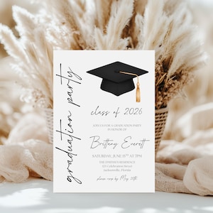 May include: A graduation party invitation with a black mortarboard and gold tassel. The invitation reads "graduation party", "class of 2026", and includes details for Brittany Everett's graduation party, including the date, time, and location.