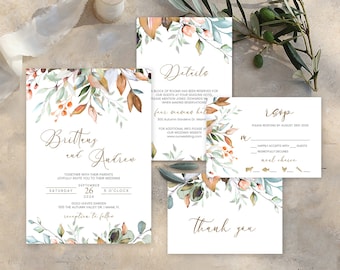 Autumn Fall Wedding Invitation Set | Greenery, Terracotta, Burnt Orange, Boho, Rustic | Printable Wedding Invite Template, RSVP, Details ATM