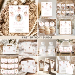 May include: A collection of party supplies with a ballerina theme. Includes invitations, cupcake toppers, water bottle labels, banners, and favor boxes. The color scheme is soft pink and white, with illustrations of ballerinas and the text "Tutu Cute" and "Happy Birthday".