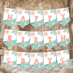 Happy Birthday Banner | ONE In The Sun, Pool Party, Beach, Tropical, Splish Splash | Girls 1st Birthday Party Decor, Bunting, Garland OS1