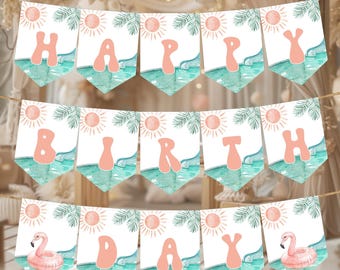 Happy Birthday Banner | ONE In The Sun, Pool Party, Beach, Tropical, Splish Splash | Girls 1st Birthday Party Decor, Bunting, Garland OS1