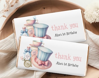 Chocolate Bar Wrapper, Candy Bar Favors | Alice in Wonderland, ONEderland, Mad Tea Party Girl 1st Birthday Party Decor Idea Hershey Aldi AW2