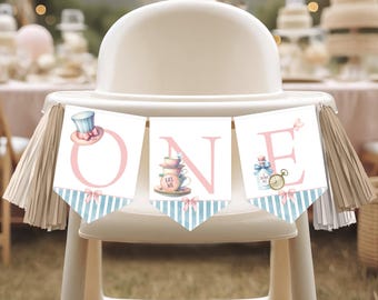 High Chair Banner, Birthday ONE Banner | Alice in Wonderland, Onederland, Mad Tea Party Girls 1st Birthday Banner, Printable Decor Ideas AW2
