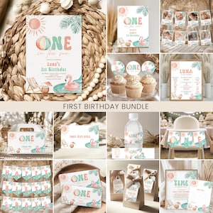 Könnte beinhalten: Eine Sammlung von Partyzubehör mit tropischem Thema, darunter Einladungen, Cupcake-Topper und Banner. Die Designs zeigen einen Flamingo-Schwimmer, eine Sonne und den Text "ONE in the sun" für eine erste Geburtstagsfeier. Das Paket enthält Geschenktüten und Wasserflaschenetiketten.
