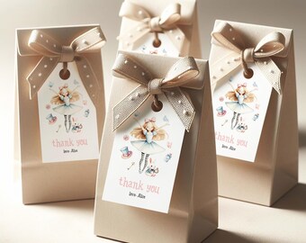 May include: Four small, beige gift bags with white polka dots and brown satin bows. Each bag has a white tag with a watercolour illustration of a girl in a blue dress and the text "thank you love Alice".
