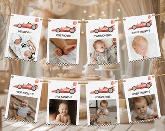 May include: A red and white baby milestone banner with a red race car design. The banner includes photos of a baby at different ages, from newborn to seven months. The banner says "Newborn", "One Month", "Two Months", "Three Months", "Four Months", "Five Months", "Six Months", and "Seven Months".