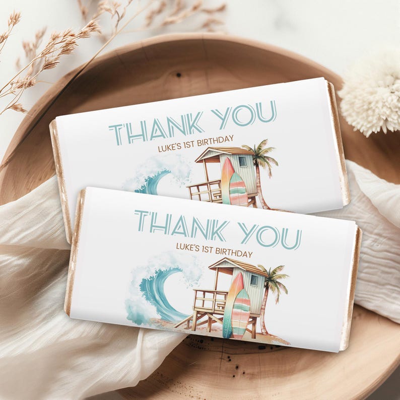 Chocolate Bar Wrapper, Candy Bar Favor | the Big ONE, Surfboard, Waves ...