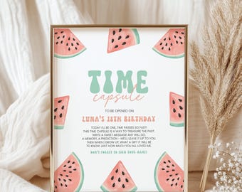 Puede incluir: Un marco dorado presenta las palabras "TIME capsule" en verde y rosa. También se muestra el texto "LUNA'S 18TH BIRTHDAY". Rodajas de sandía en rosa y verde rodean el texto. La impresión es una cápsula del tiempo.
