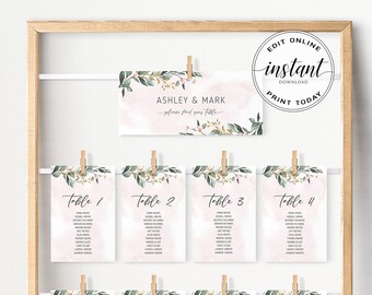 Editable Seating Chart Template Printable Wedding Seating Plan Greenery Floral Wedding Table Numbers DIY Welcome Wedding Poster Blush DIYRG1