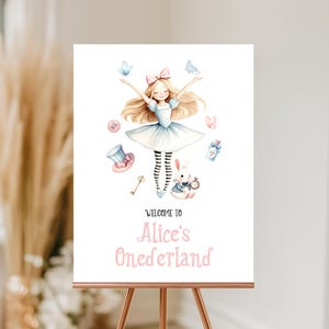 Geburtstag Willkommensschild, Poster | Alice im Wunderland, verrückter Hutmacher, Tee-Party-Mädchen 1. Geburtstag-Dekor-Ideen, Beschilderung, bearbeitbar, druckbar AW1