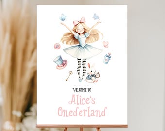 Znak powitalny urodzinowy, plakat | Alicja w Krainie Czarów, Szalony Kapelusznik, Pomysły na dekoracje na pierwsze urodziny Tea Party Girls, Znak, Edytowalny, Do druku AW1