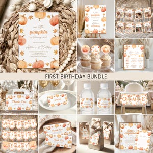 May include: A collection of fall-themed first birthday party supplies. The items include invitations, cupcake toppers, water bottle labels, favor boxes, and banners, all featuring watercolor pumpkins and autumn leaves. The text "First Birthday Bundle" is visible.