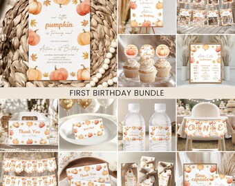May include: A collection of fall-themed first birthday party supplies. The items include invitations, cupcake toppers, water bottle labels, favor boxes, and banners, all featuring watercolor pumpkins and autumn leaves. The text "First Birthday Bundle" is visible.