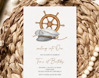 Nautical Boys 1st Birthday Invitation Template, Sailing Cap Birthday Party Invite, Printable & Smartphone, Sailing into ONE, Marine NU2
