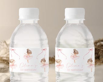 Etiquetas para botellas de agua / Bailarina, tutú bonito, bailarina de ballet, rosa / Decoración para fiesta de primer cumpleaños de niña, etiquetas personalizadas para botellas, imprimibles BL1